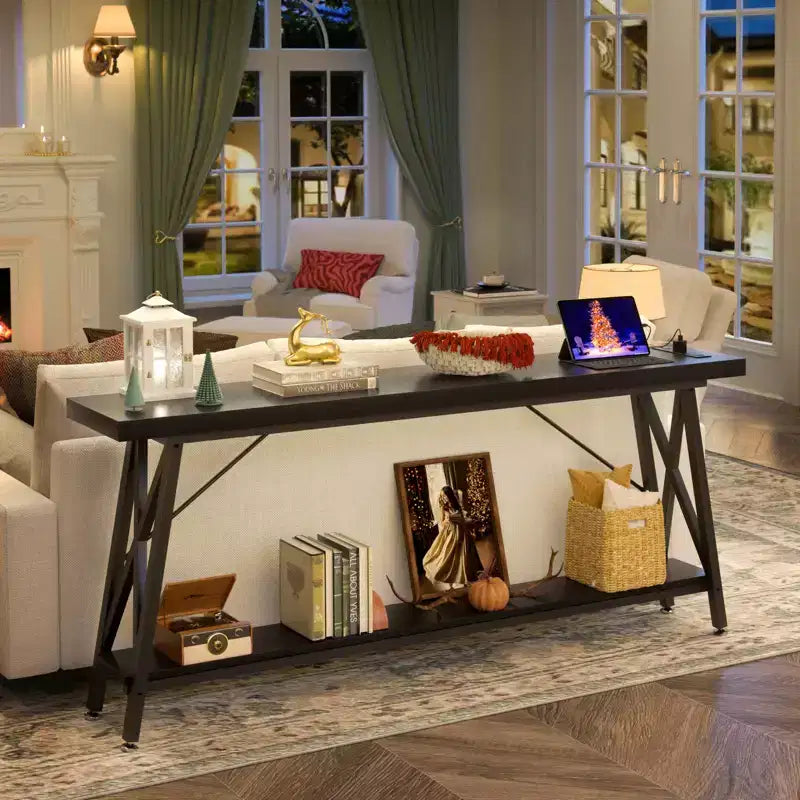 71" Console Table with Charging Station, Industrial Metal Frame & Storage Shelf