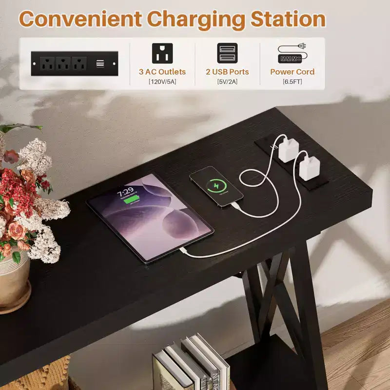 71" Console Table with Charging Station, Industrial Metal Frame & Storage Shelf