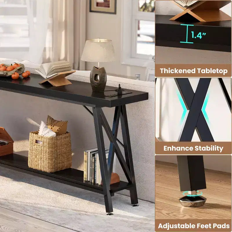 71" Console Table with Charging Station, Industrial Metal Frame & Storage Shelf