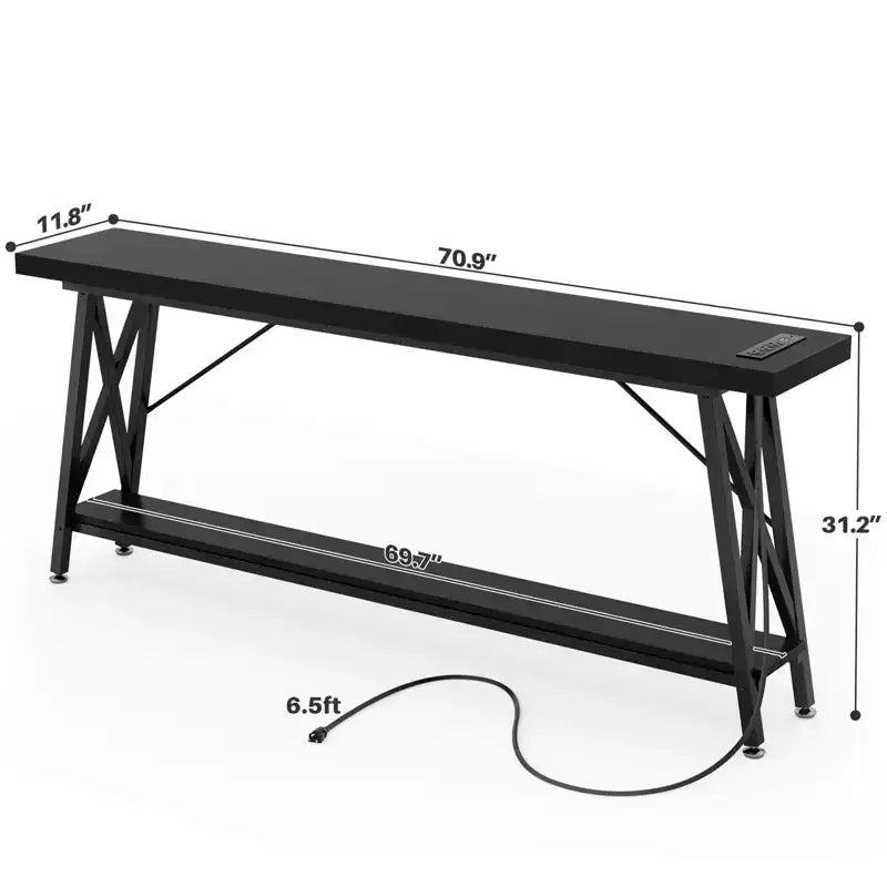 71" Console Table with Charging Station, Industrial Metal Frame & Storage Shelf