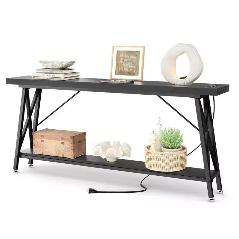 71" Console Table with Charging Station, Industrial Metal Frame & Storage Shelf