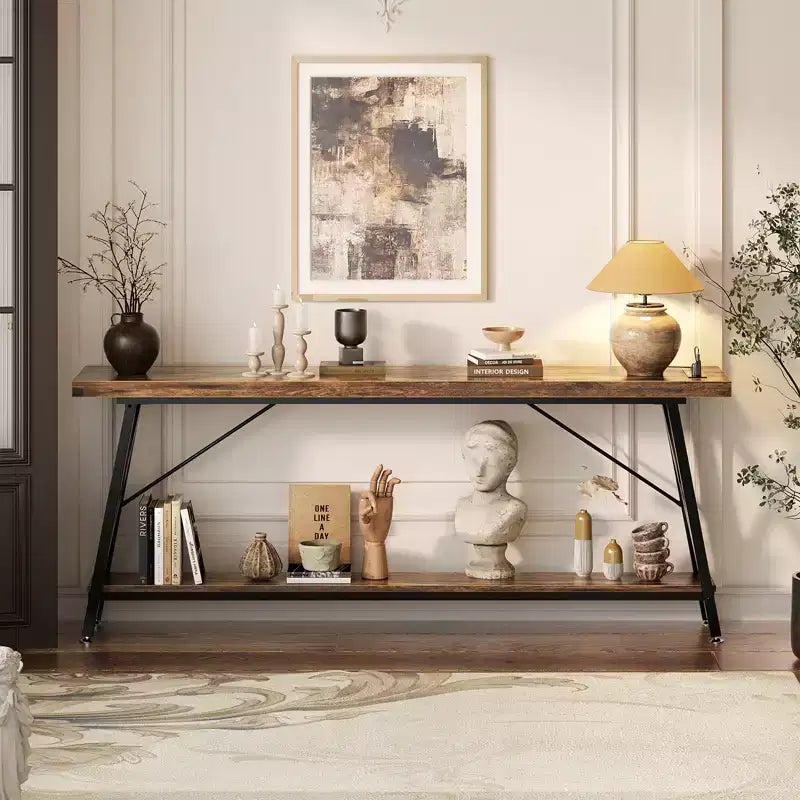 71" Console Table with Charging Station, Industrial Metal Frame & Storage Shelf