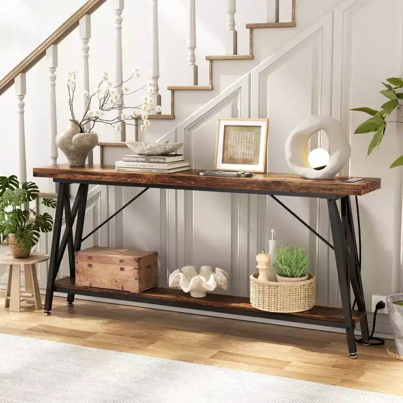 71" Console Table with Charging Station, Industrial Metal Frame & Storage Shelf