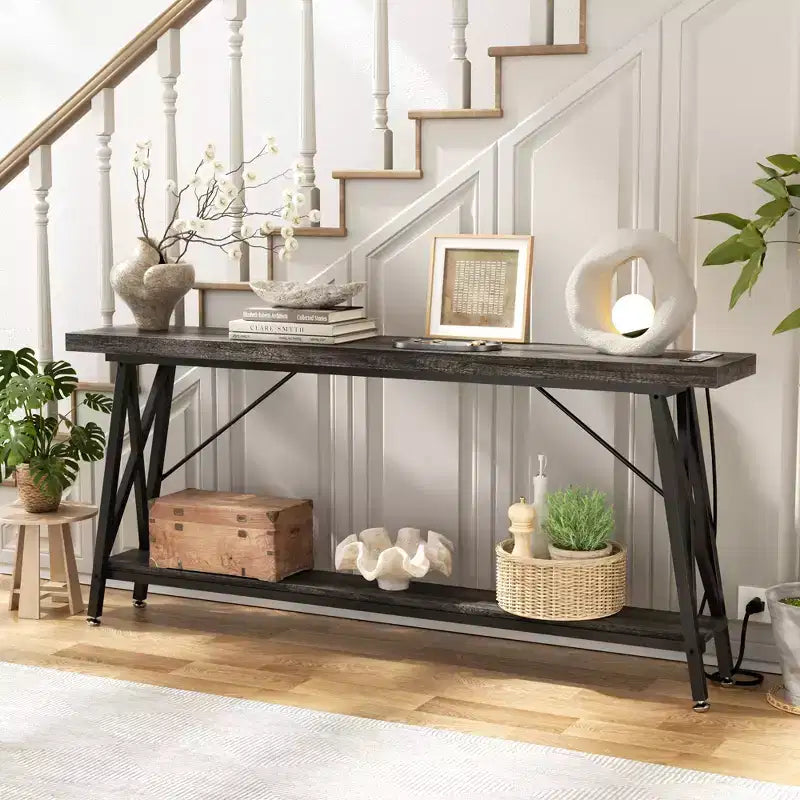 71" Console Table with Charging Station, Industrial Metal Frame & Storage Shelf