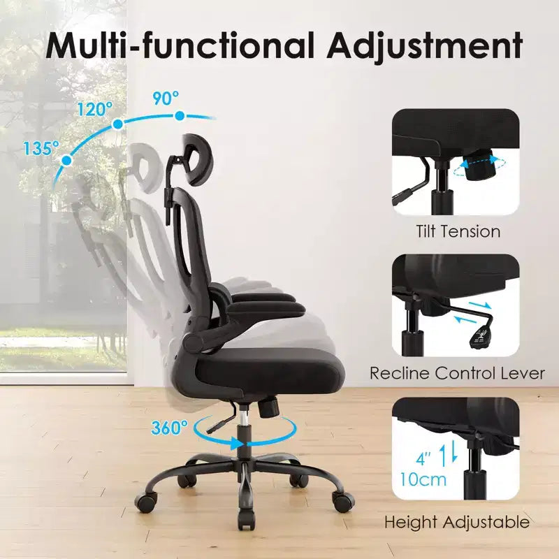 Ergonomic Mesh Office Chair with Adjustable Lumbar Support, Headrest & Flip-Up Armrests