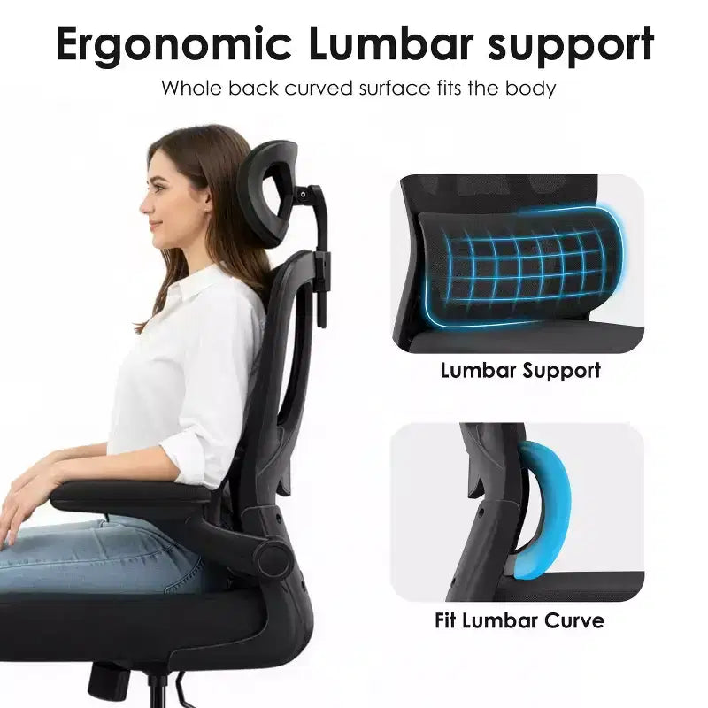 Ergonomic Mesh Office Chair with Adjustable Lumbar Support, Headrest & Flip-Up Armrests