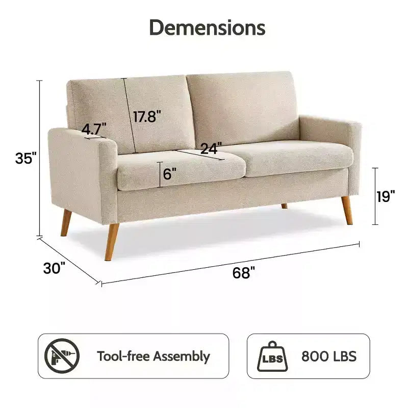 68" Modern Upholstered Loveseat Sofa with 24" Deep Seat & Padded Arms