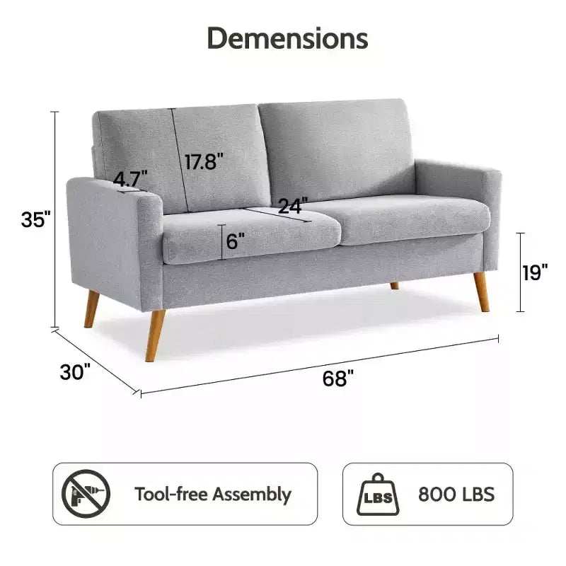 68" Modern Upholstered Loveseat Sofa with 24" Deep Seat & Padded Arms