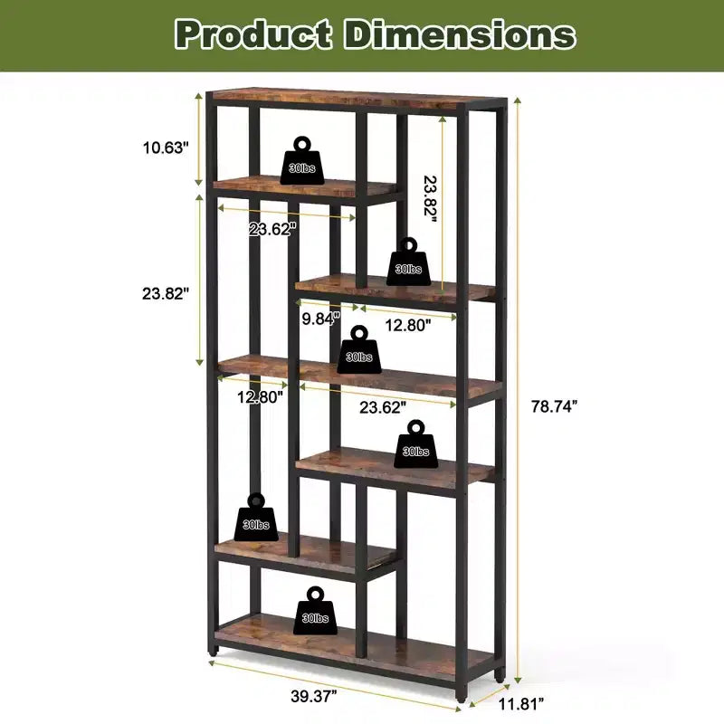 79" Tall 7-Tier Bookcase with 10 Compartments - Modern Floor Standing Bookshelf, Brown