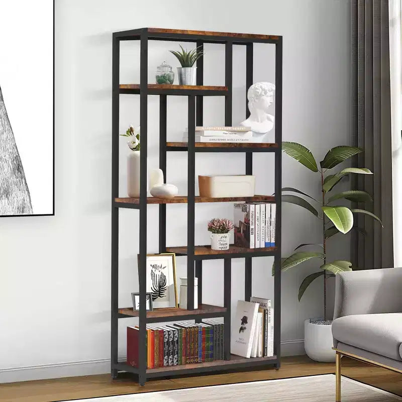 79" Tall 7-Tier Bookcase with 10 Compartments - Modern Floor Standing Bookshelf, Brown