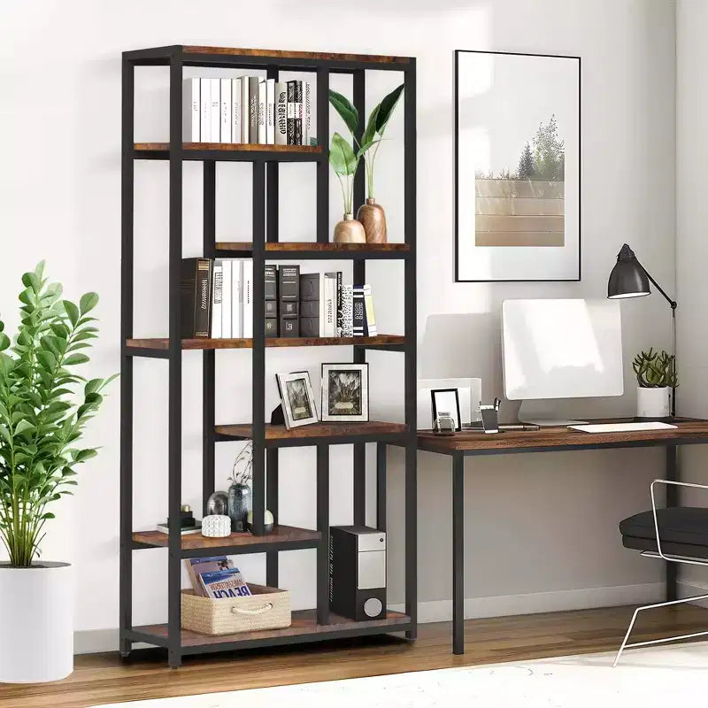 79" Tall 7-Tier Bookcase with 10 Compartments - Modern Floor Standing Bookshelf, Brown