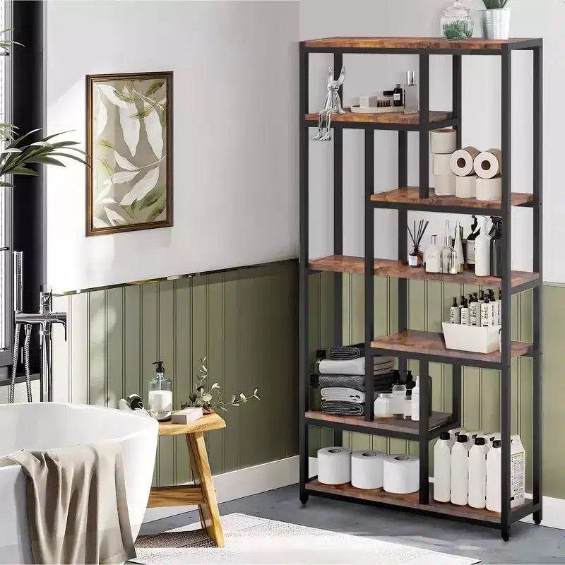 79" Tall 7-Tier Bookcase with 10 Compartments - Modern Floor Standing Bookshelf, Brown