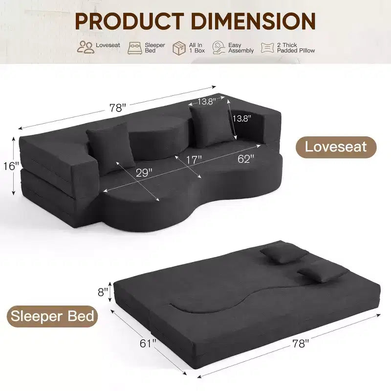 Convertible Folding Sofa Bed with High-Density Foam for Living Room, Guest Room, and Bedroom