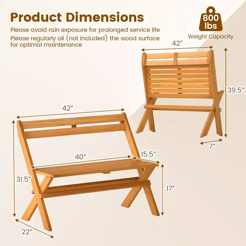 Banc pliable d'extérieur Costway, banc de jardin de patio en bois d'acacia pour 2 personnes, causeuse extérieure