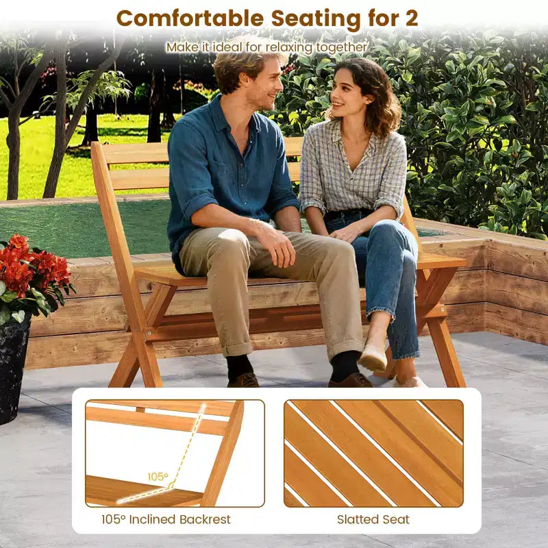 Banc pliable d'extérieur Costway, banc de jardin de patio en bois d'acacia pour 2 personnes, causeuse extérieure