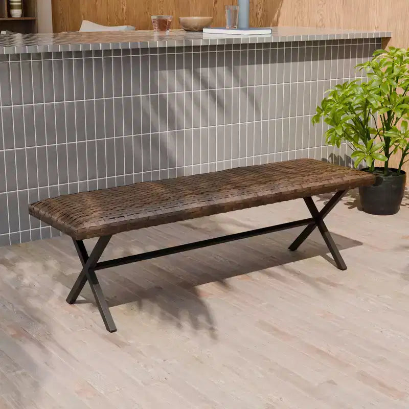 EAGLE PEAK Outdoor Wicker Dining Bench, All Weather PE Rattan Patio Bench for Garden, Deck, Porch, Living Room or Entryway, Brown