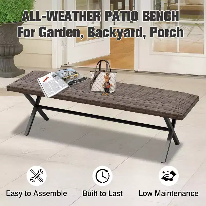 Banc de salle à manger en osier d'extérieur EAGLE PEAK, banc de patio en rotin PE tout temps pour jardin, terrasse, porche, salon ou entrée, marron