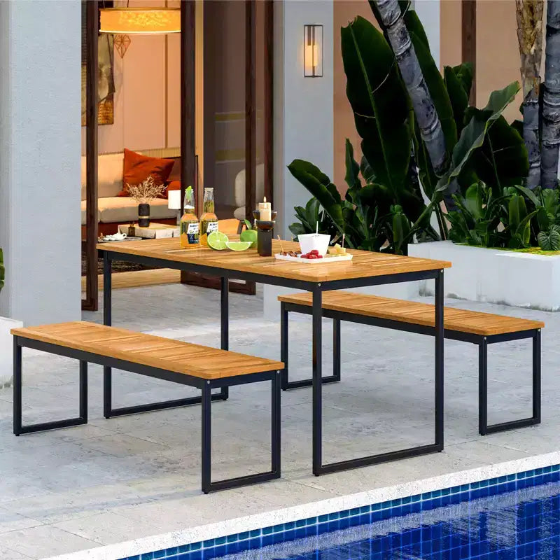 Costway Bancs de Salle à Manger d'Extérieur, Lot de 2 Bancs sans Dossier 2-3 Places avec Assise à Lattes et Pieds en Métal, Banc d'Extérieur pour Entrée Jardin Piscine, Naturel