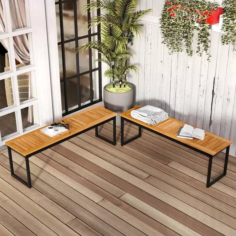 Costway Bancs de Salle à Manger d'Extérieur, Lot de 2 Bancs sans Dossier 2-3 Places avec Assise à Lattes et Pieds en Métal, Banc d'Extérieur pour Entrée Jardin Piscine, Naturel