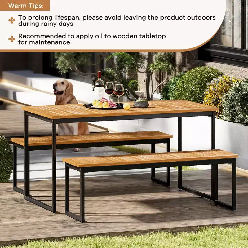 Costway Bancs de Salle à Manger d'Extérieur, Lot de 2 Bancs sans Dossier 2-3 Places avec Assise à Lattes et Pieds en Métal, Banc d'Extérieur pour Entrée Jardin Piscine, Naturel