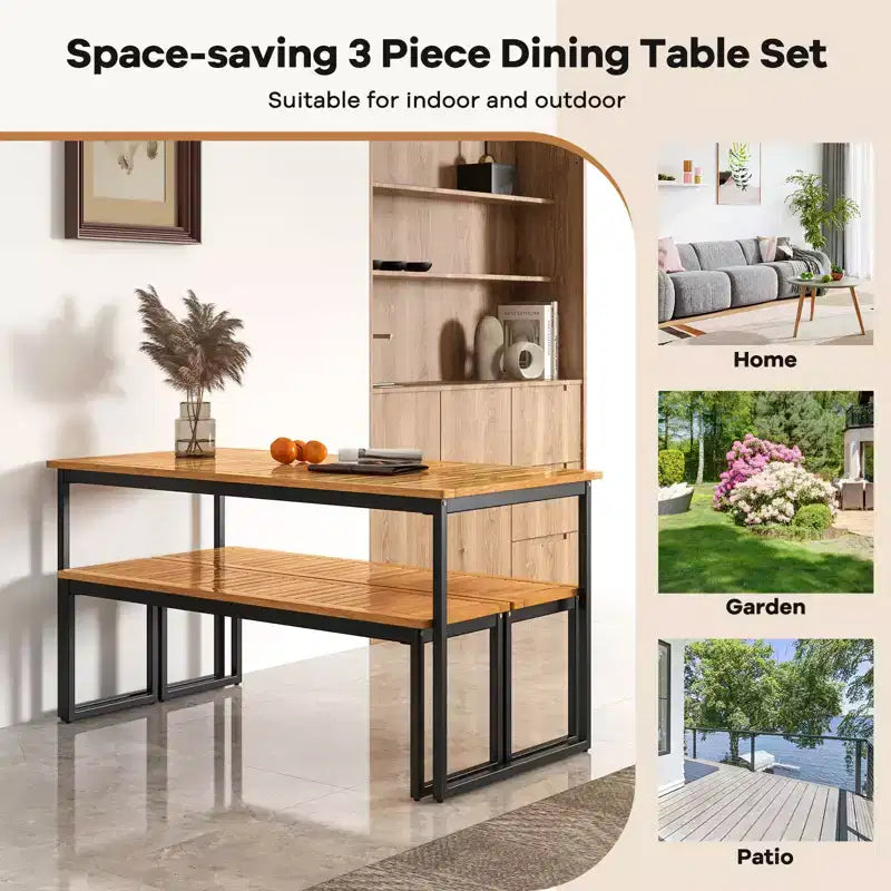 Costway Bancs de Salle à Manger d'Extérieur, Lot de 2 Bancs sans Dossier 2-3 Places avec Assise à Lattes et Pieds en Métal, Banc d'Extérieur pour Entrée Jardin Piscine, Naturel