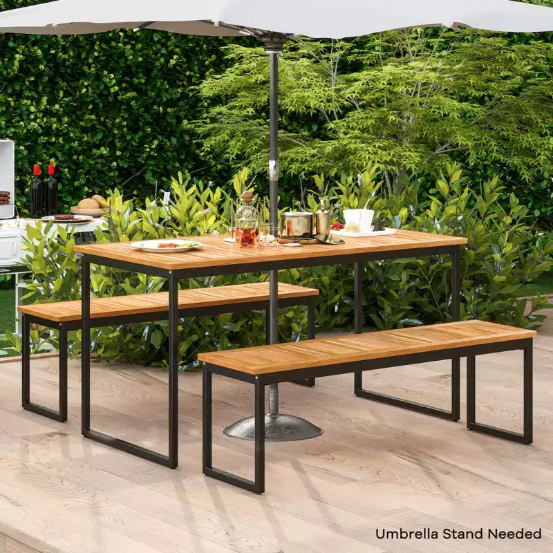 Costway Bancs de Salle à Manger d'Extérieur, Lot de 2 Bancs sans Dossier 2-3 Places avec Assise à Lattes et Pieds en Métal, Banc d'Extérieur pour Entrée Jardin Piscine, Naturel