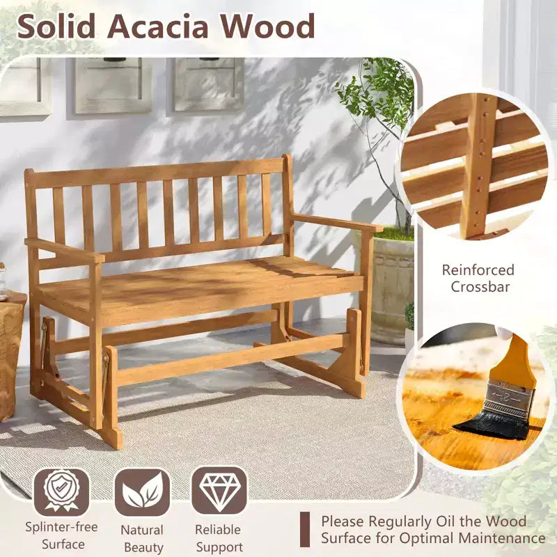 Banc à bascule de patio 2 personnes Costway, fauteuil à bascule de porche en bois d'acacia massif avec siège