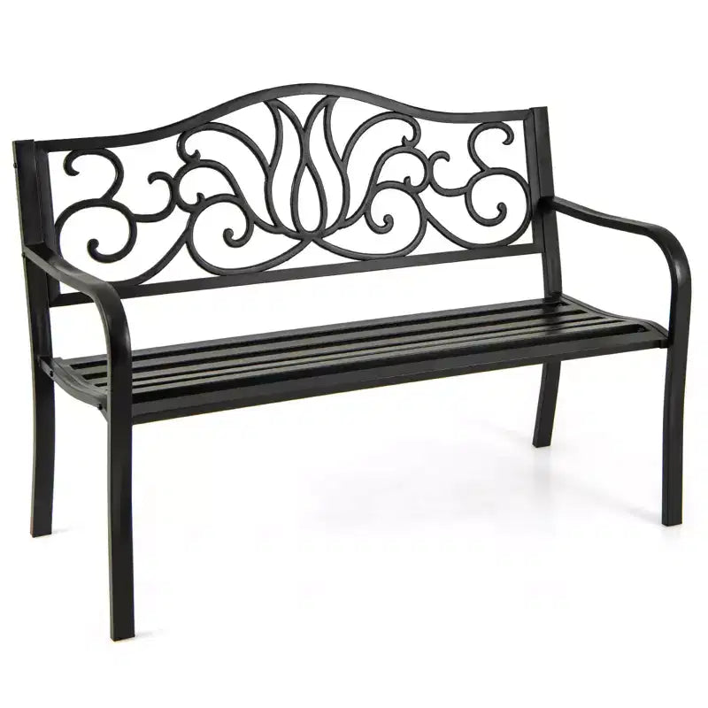 Costway 2-person Metal Bench w/ Floral Pattern Slanted Backrest Slatted Surface Black