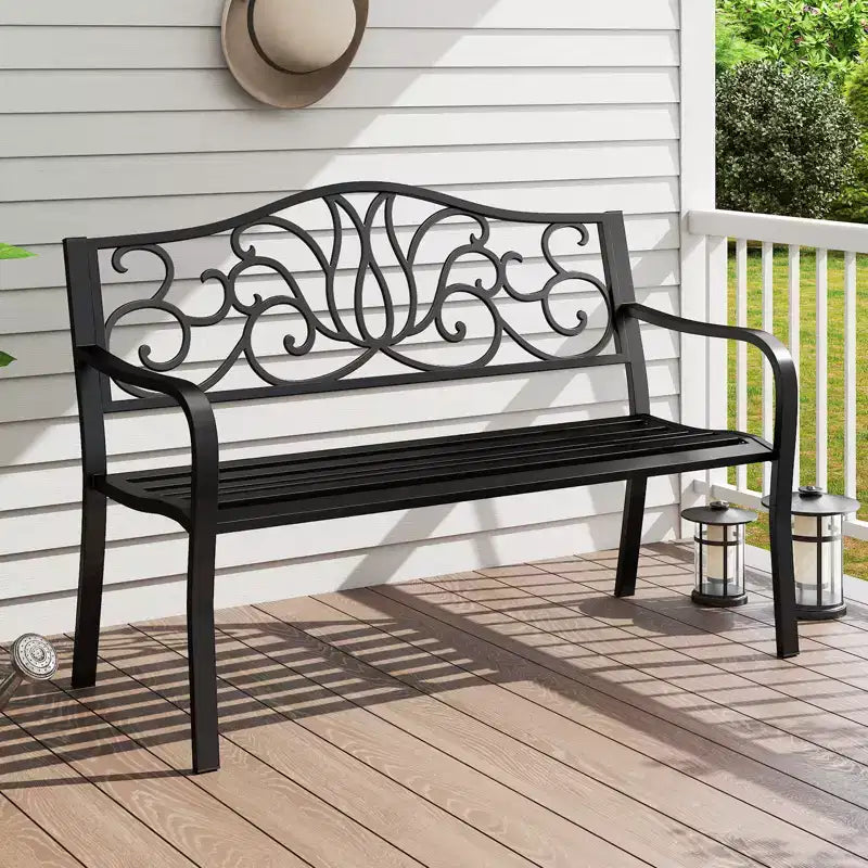 Banc en métal 2 places Costway avec dossier incliné à motif floral et surface à lattes, noir