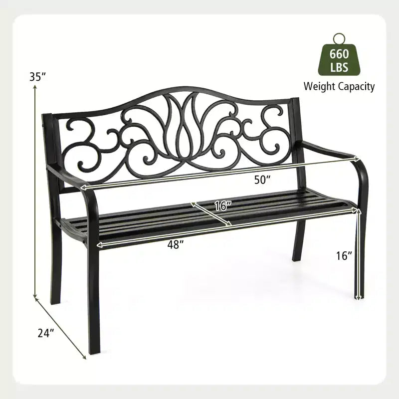 Banc en métal 2 places Costway avec dossier incliné à motif floral et surface à lattes, noir