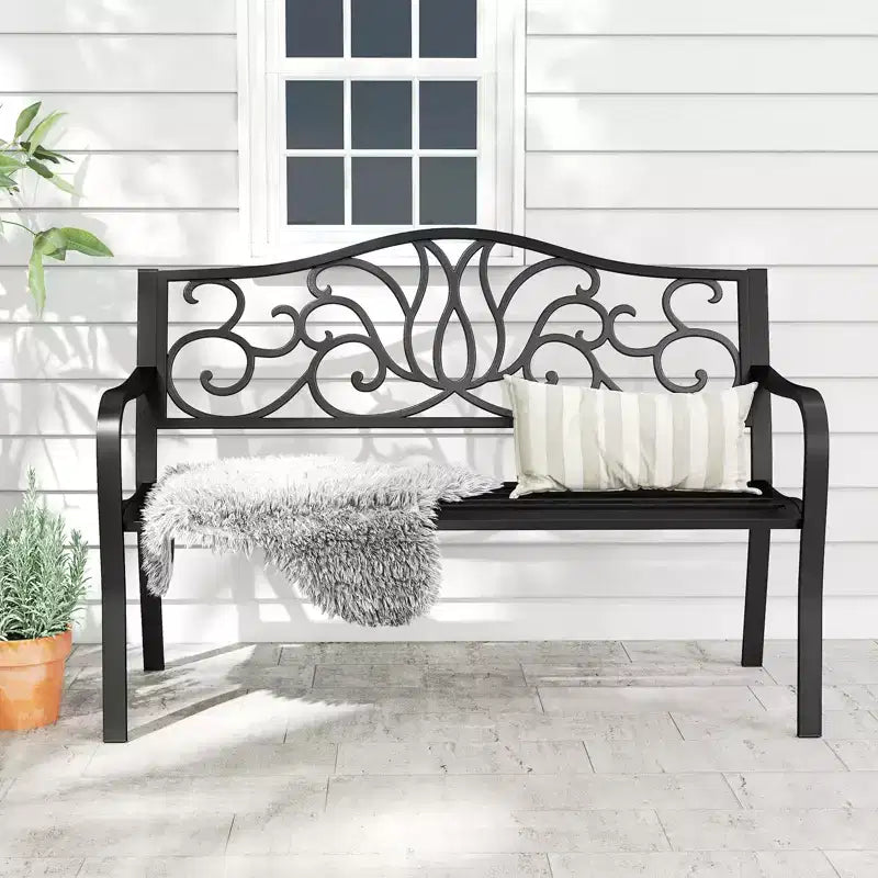 Banc en métal 2 places Costway avec dossier incliné à motif floral et surface à lattes, noir