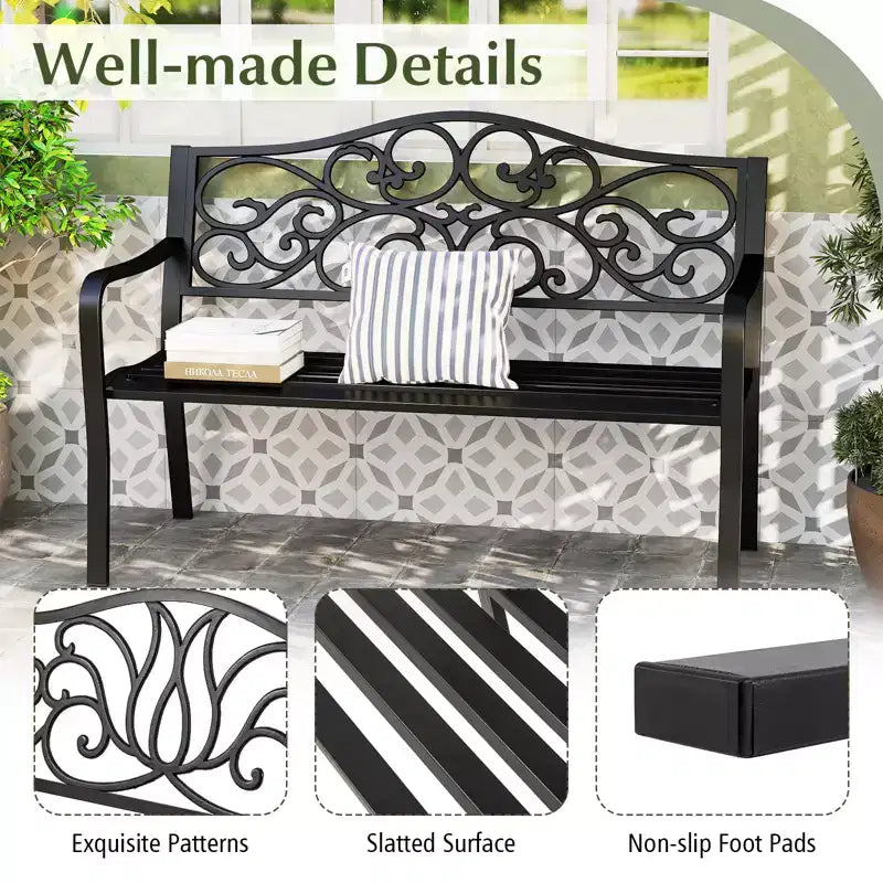 Banc en métal 2 places Costway avec dossier incliné à motif floral et surface à lattes, noir