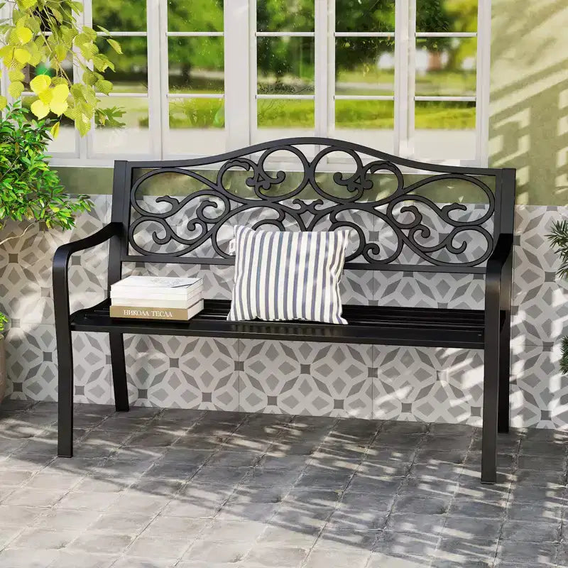 Banc en métal 2 places Costway avec dossier incliné à motif floral et surface à lattes, noir