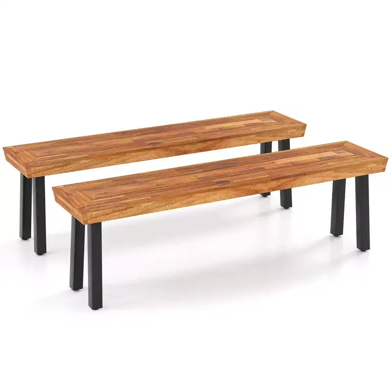 Costway Outdoor Acacia Wood Benches Set of 2 w/ Slatted Top & Flared Metal Legs