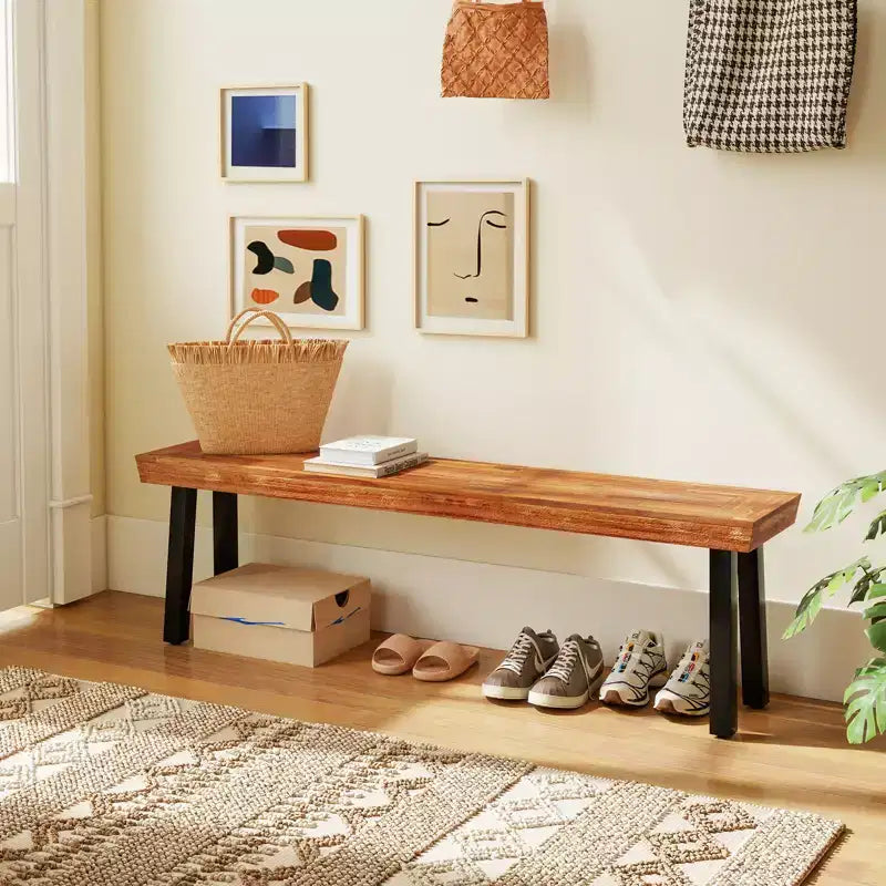 Costway Bancs d'extérieur en bois d'acacia (lot de 2) avec plateau à lattes et pieds évasés en métal