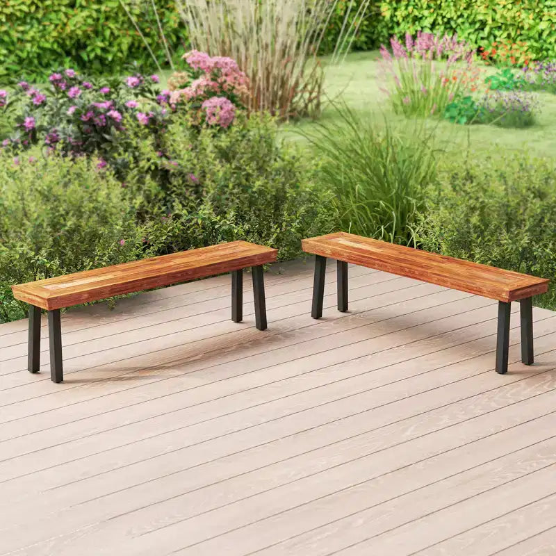 Costway Bancs d'extérieur en bois d'acacia (lot de 2) avec plateau à lattes et pieds évasés en métal