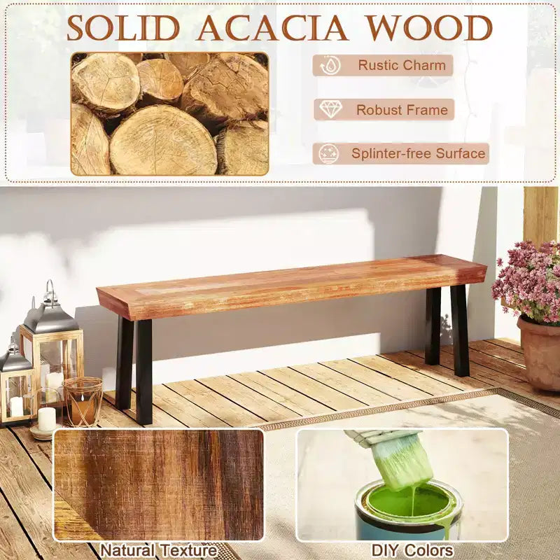 Costway Bancs d'extérieur en bois d'acacia (lot de 2) avec plateau à lattes et pieds évasés en métal