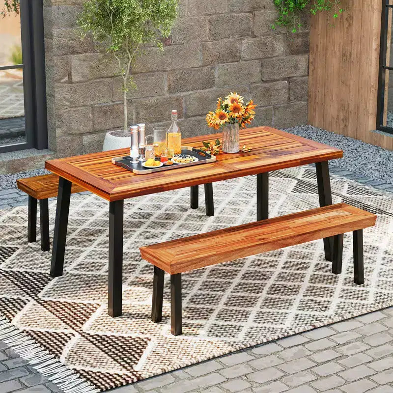Costway Bancs d'extérieur en bois d'acacia (lot de 2) avec plateau à lattes et pieds évasés en métal