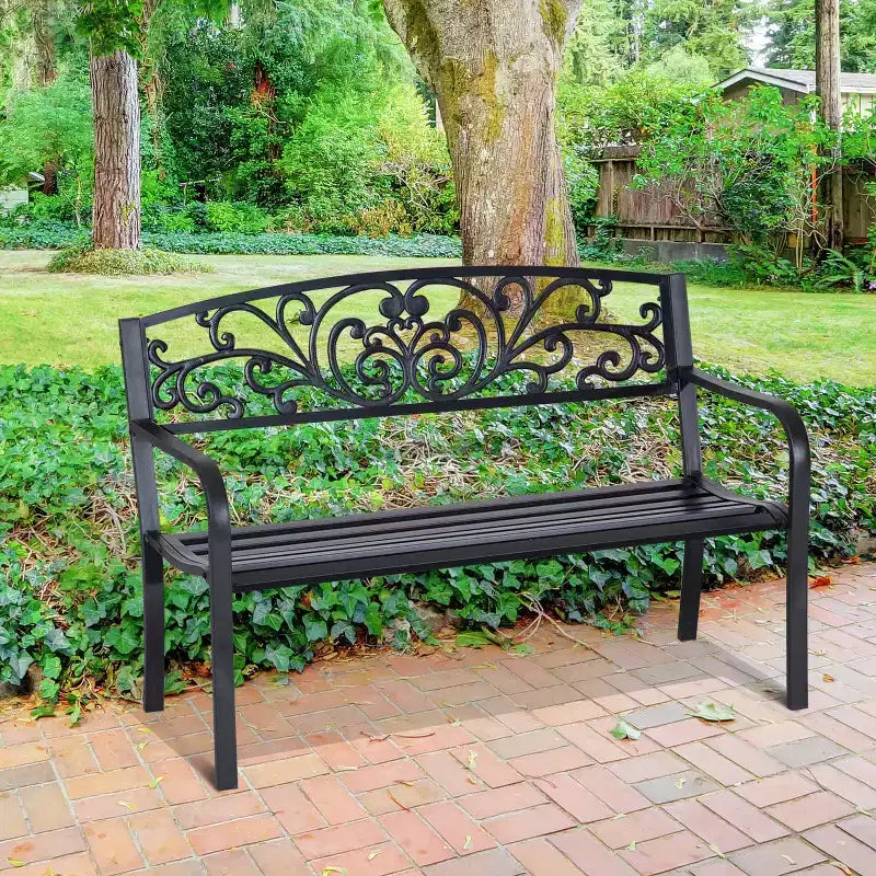 50 Outdoor Bench, Metal Garden Bench With Floral Pattern Backrest, Porch Bench With Slatted Seat