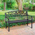 50 Outdoor Bench, Metal Garden Bench With Floral Pattern Backrest, Porch Bench With Slatted Seat