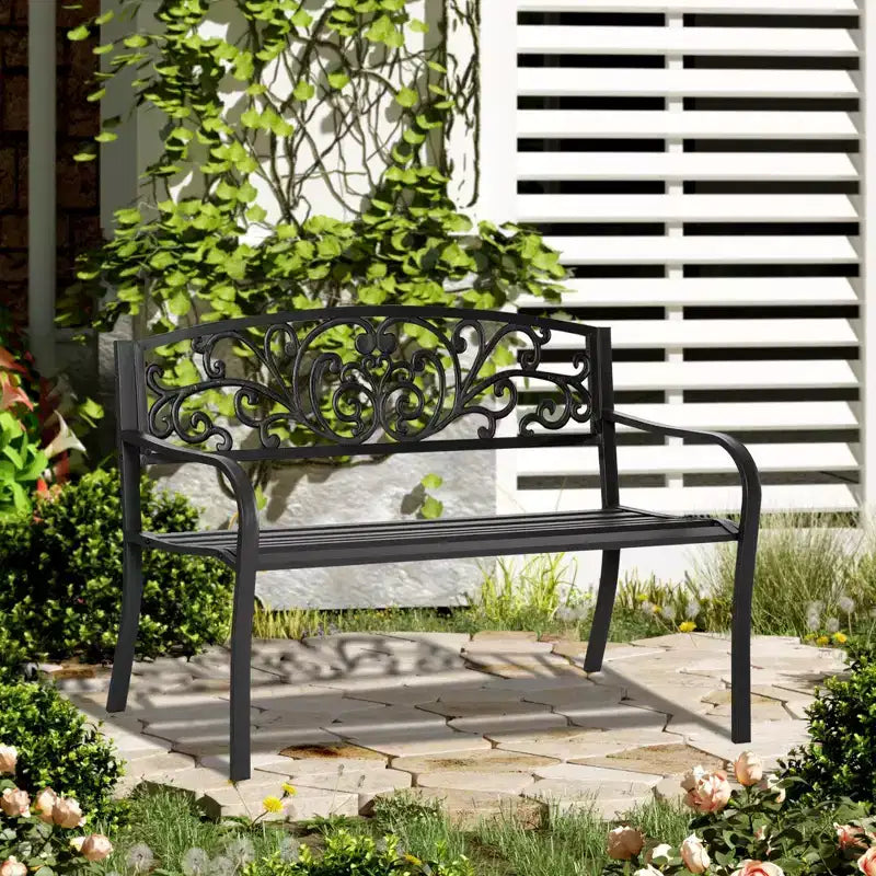 Banc d'extérieur 50, Banc de jardin en métal avec dossier à motif floral, Banc de porche avec siège à lattes