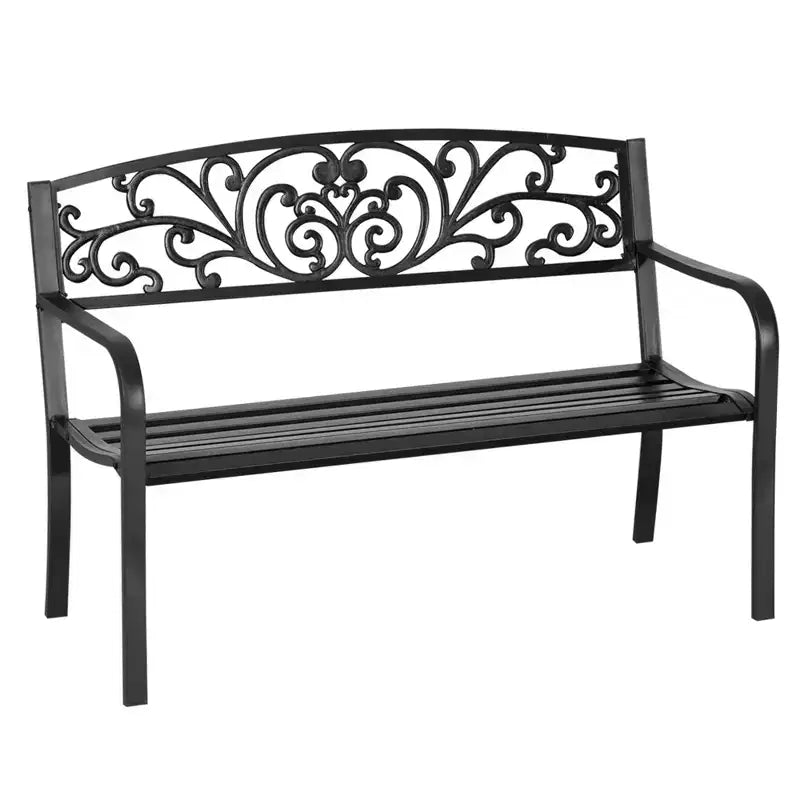 Banc d'extérieur 50, Banc de jardin en métal avec dossier à motif floral, Banc de porche avec siège à lattes