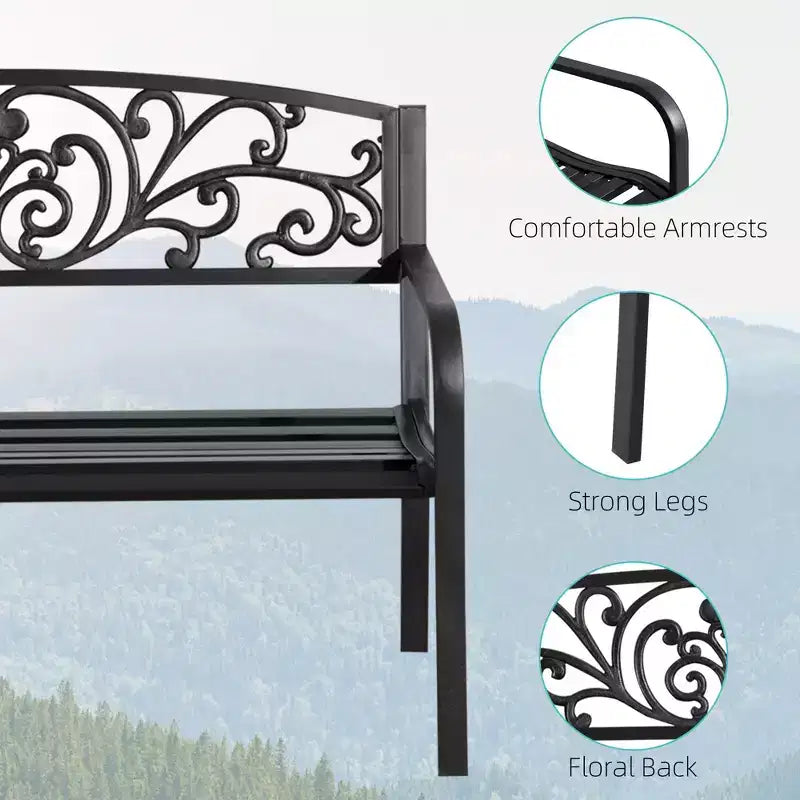 Banc d'extérieur 50, Banc de jardin en métal avec dossier à motif floral, Banc de porche avec siège à lattes