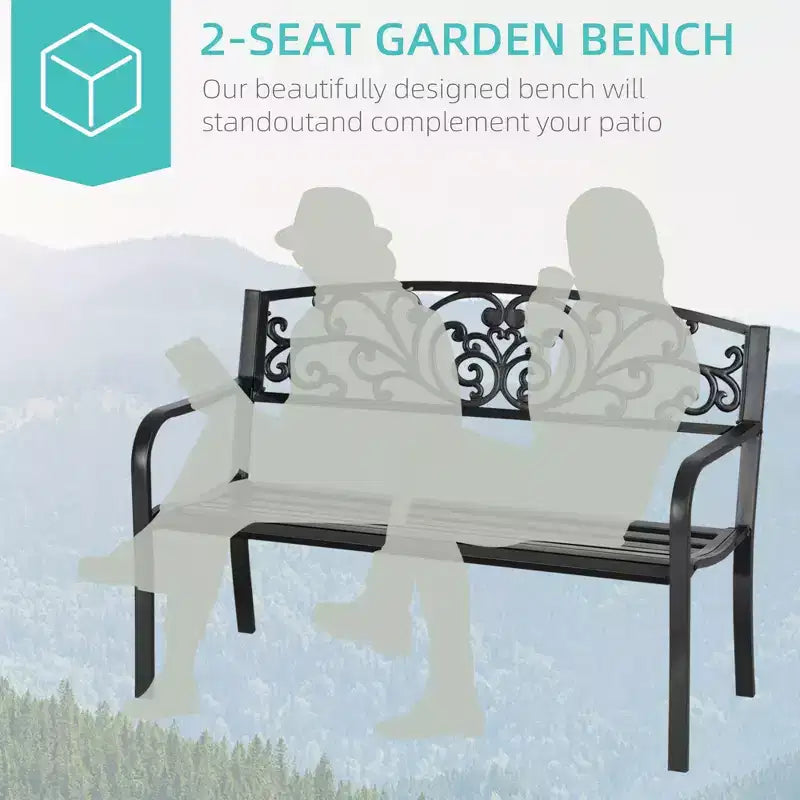 Banc d'extérieur 50, Banc de jardin en métal avec dossier à motif floral, Banc de porche avec siège à lattes