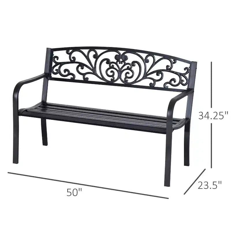 Banc d'extérieur 50, Banc de jardin en métal avec dossier à motif floral, Banc de porche avec siège à lattes