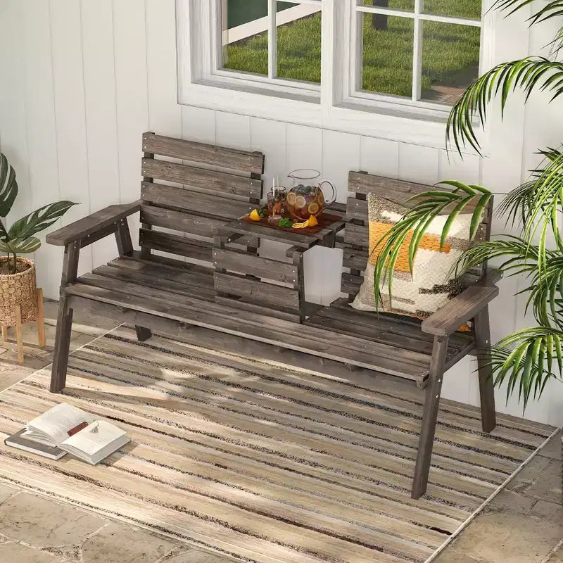 Banc d'extérieur Costway en bois de sapin avec table centrale pliable, dossier et accoudoirs