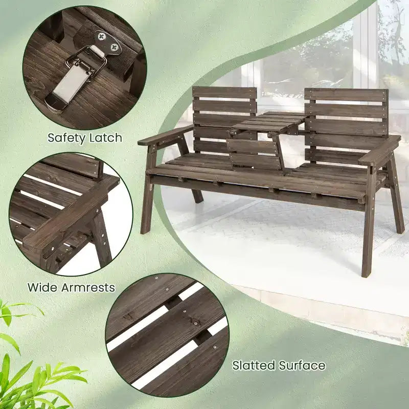 Banc d'extérieur Costway en bois de sapin avec table centrale pliable, dossier et accoudoirs