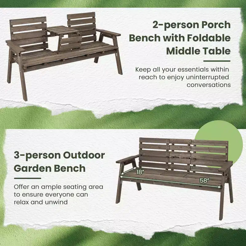 Banc d'extérieur Costway en bois de sapin avec table centrale pliable, dossier et accoudoirs