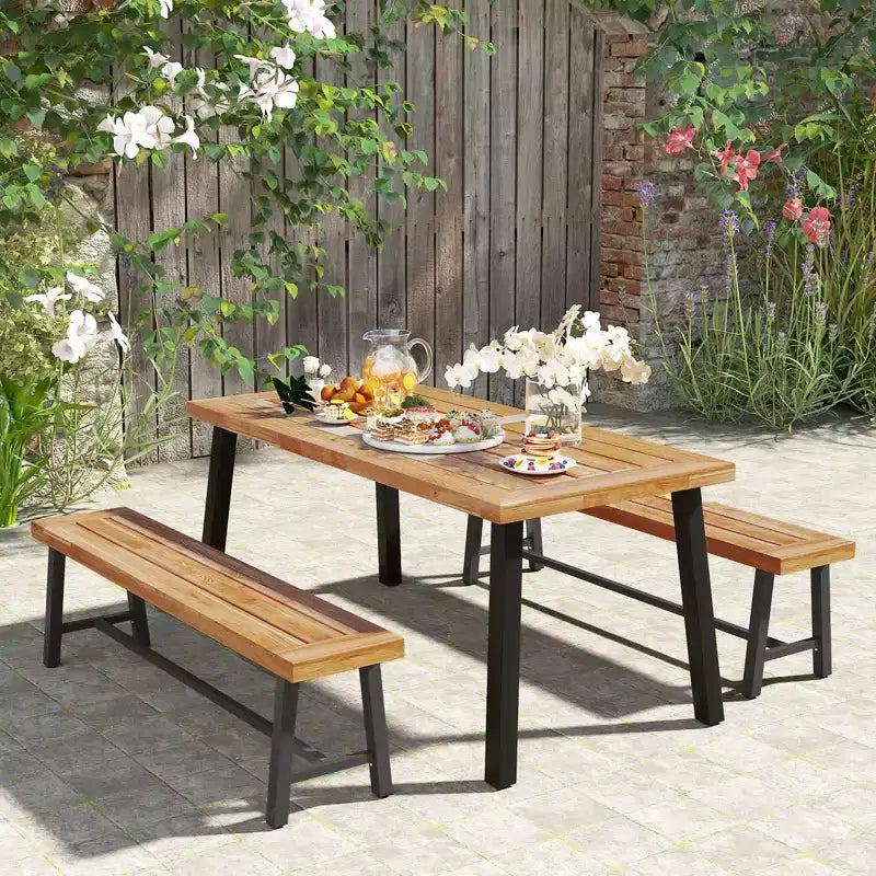 Costway Banc de patio de 1/2 places de 160 cm, long banc de salle à manger en bois d'acacia avec pieds en métal robustes