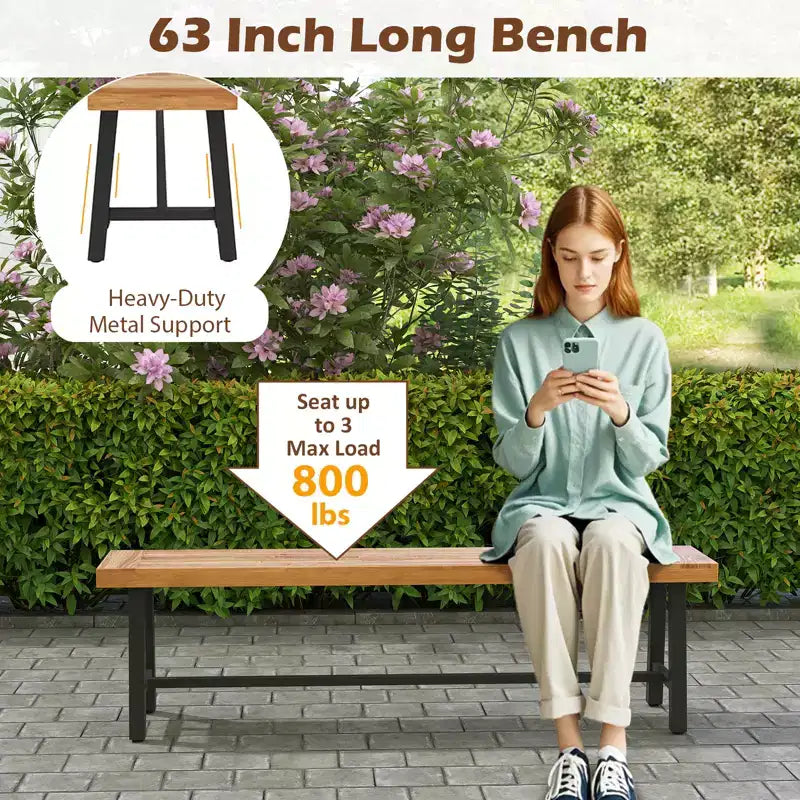 Costway Banc de patio de 1/2 places de 160 cm, long banc de salle à manger en bois d'acacia avec pieds en métal robustes